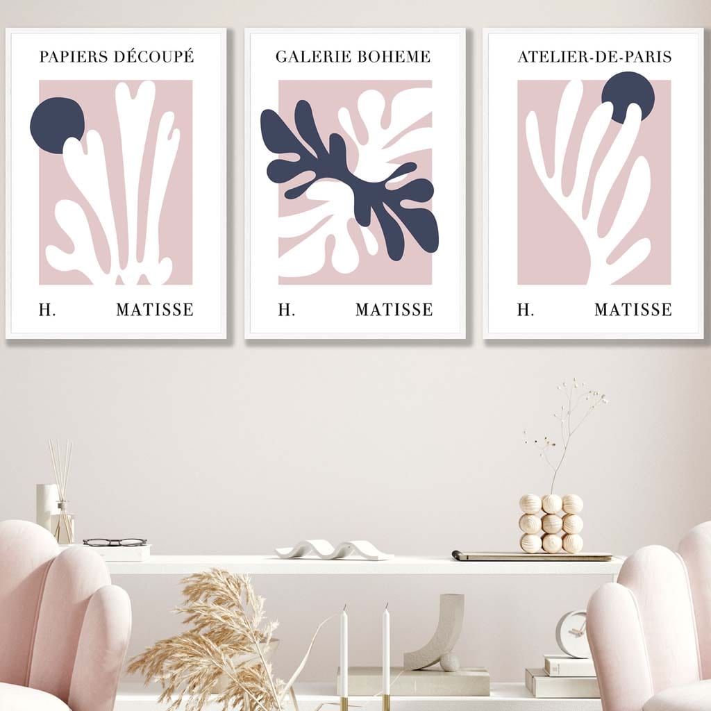 Matisse Floral Cut Out Style Set of 3 Wall Art Prints in Navy & Pink