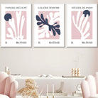 Matisse Floral Cut Out Style Set of 3 Wall Art Prints in Navy & Pink