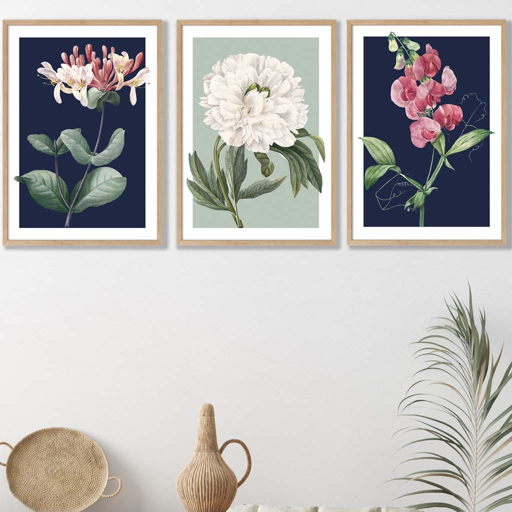 Vintage Flowers Honeysuckle Blue and Green | Framed | Artze Wall Art UK