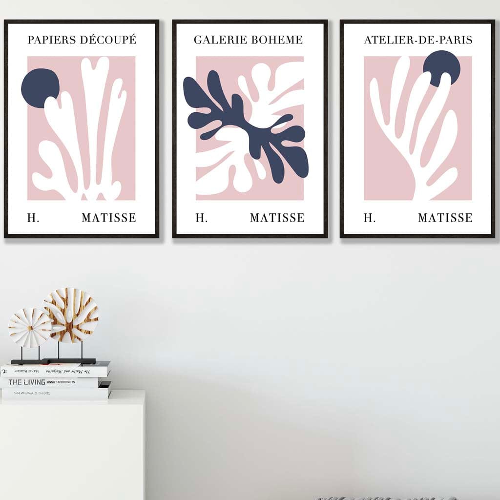 Matisse Floral Cut Out Style Set of 3 Wall Art Prints in Navy & Pink