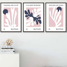 Matisse Floral Cut Out Style Set of 3 Wall Art Prints in Navy & Pink
