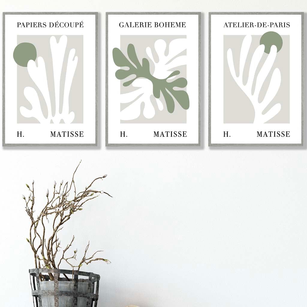 Matisse Floral Cut Out Style Set of 3 Prints in Green & Beige