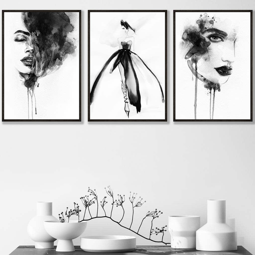 FASHION Set of 3 Black and White Wall Art Prints from Watercolour Illustrations
