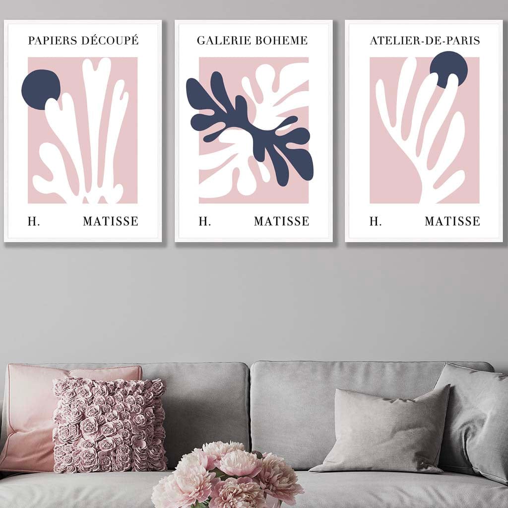 Matisse Floral Cut Out Style Set of 3 Wall Art Prints / Framed in Navy & Pink | Artze Wall Art UK