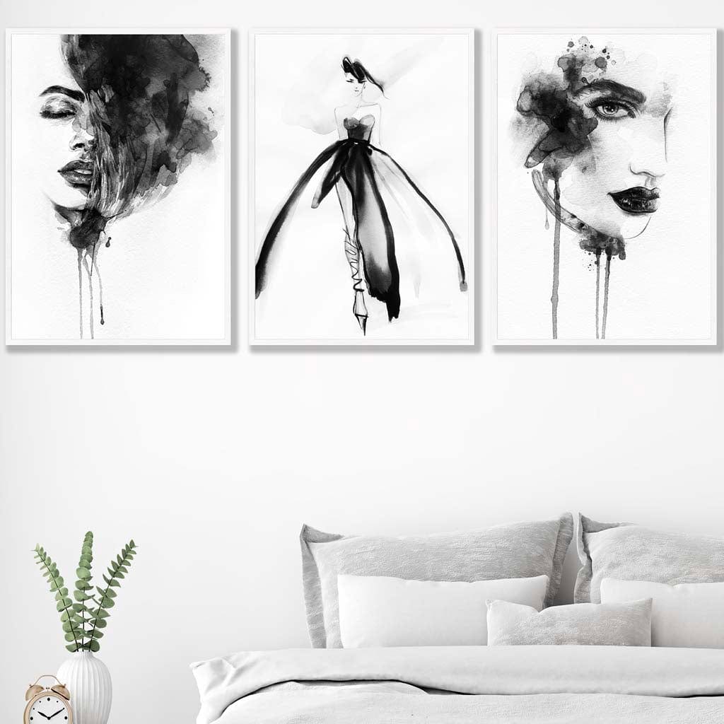 FASHION Set of 3 Black and White Wall Art Prints from Watercolour Illustrations