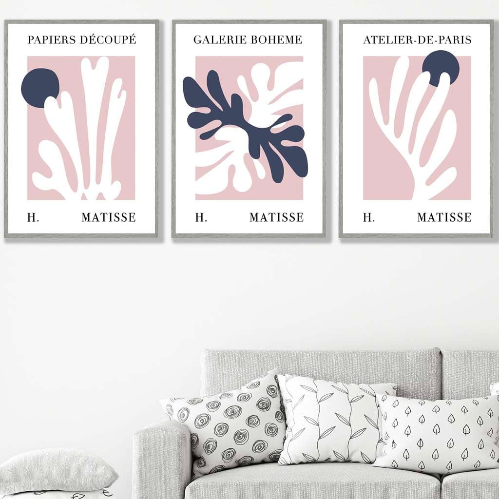 Matisse Floral Cut Out Style Set of 3 Wall Art Prints in Navy & Pink