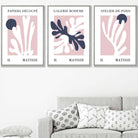 Matisse Floral Cut Out Style Set of 3 Wall Art Prints in Navy & Pink