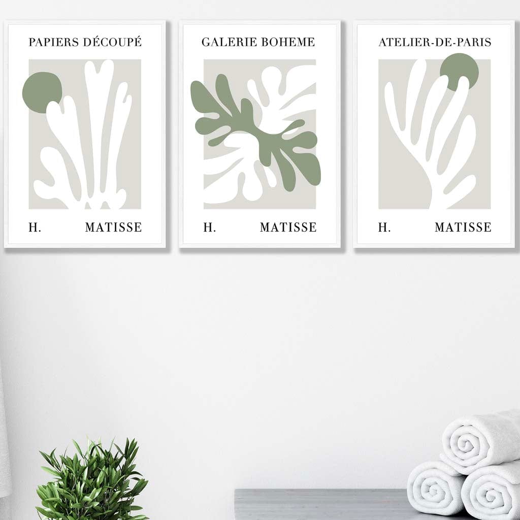 Matisse Floral Cut Out Style Set of 3 Prints in Green & Beige