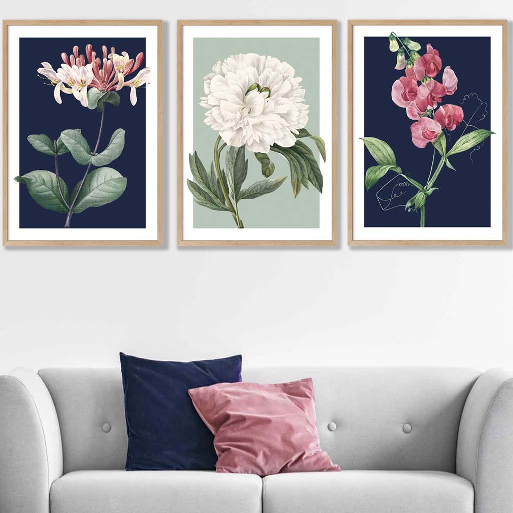 Vintage Flowers Honeysuckle Blue and Green | Framed | Artze Wall Art UK