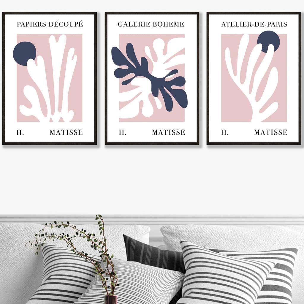 Matisse Floral Cut Out Style Set of 3 Wall Art Prints in Navy & Pink