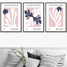 Matisse Floral Cut Out Style Set of 3 Wall Art Prints in Navy & Pink
