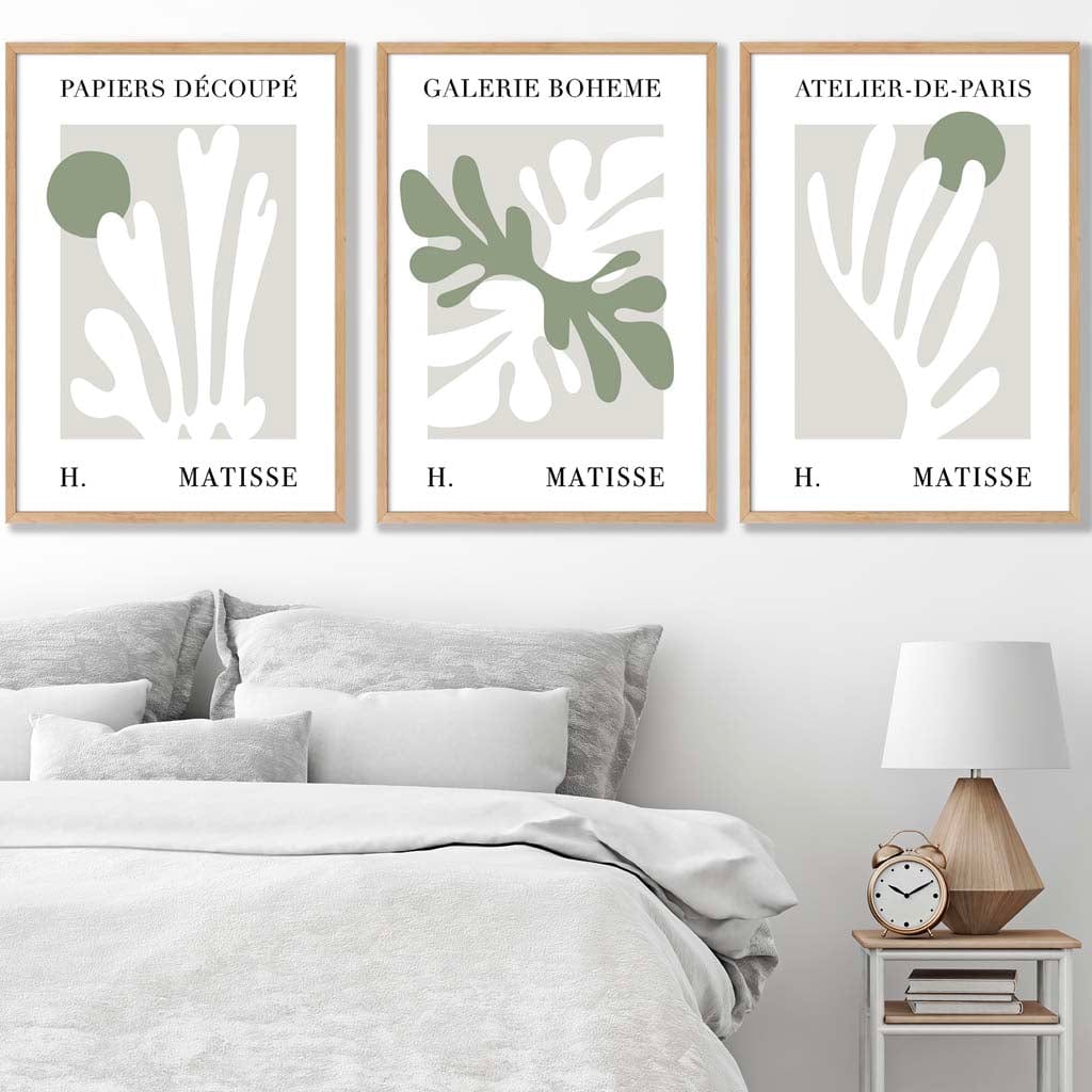 Matisse Floral Cut Out Style Set of 3 Prints in Green & Beige