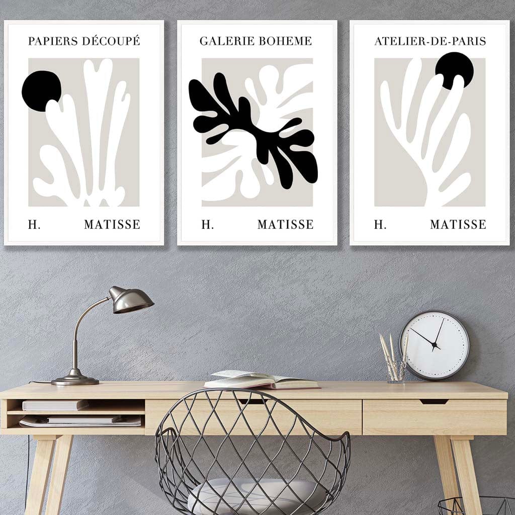 Matisse Floral Cut Out Style Set of 3 Wall Art Prints in Black & Beige