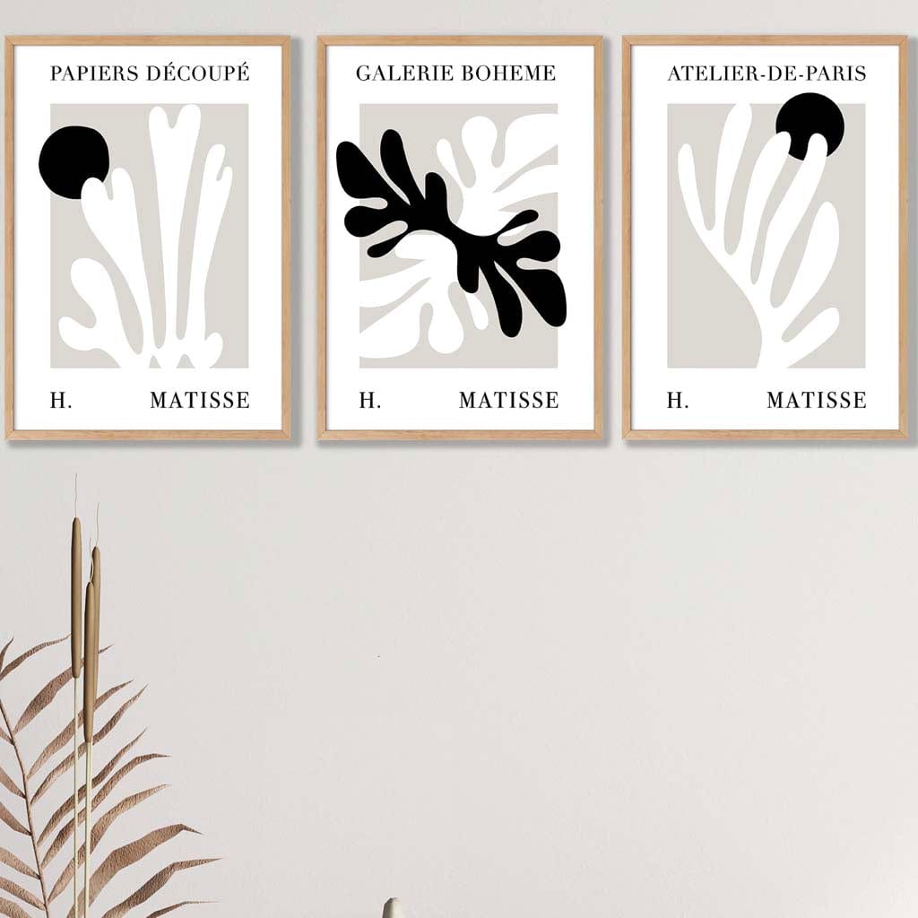 Matisse Floral Cut Out Style Set of 3 Wall Art Prints in Black & Beige