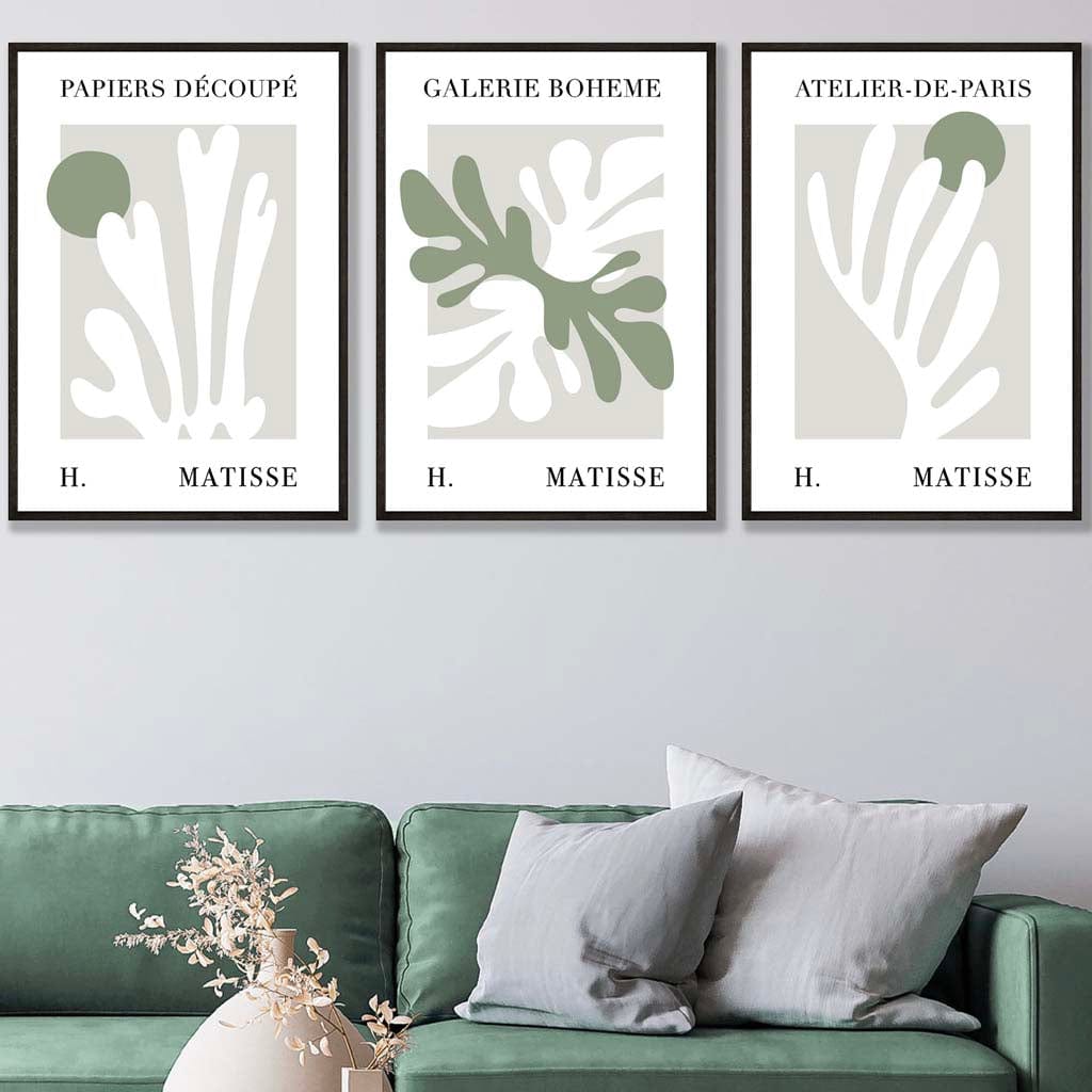 Matisse Floral Cut Out Style Set of 3 Prints in Green & Beige