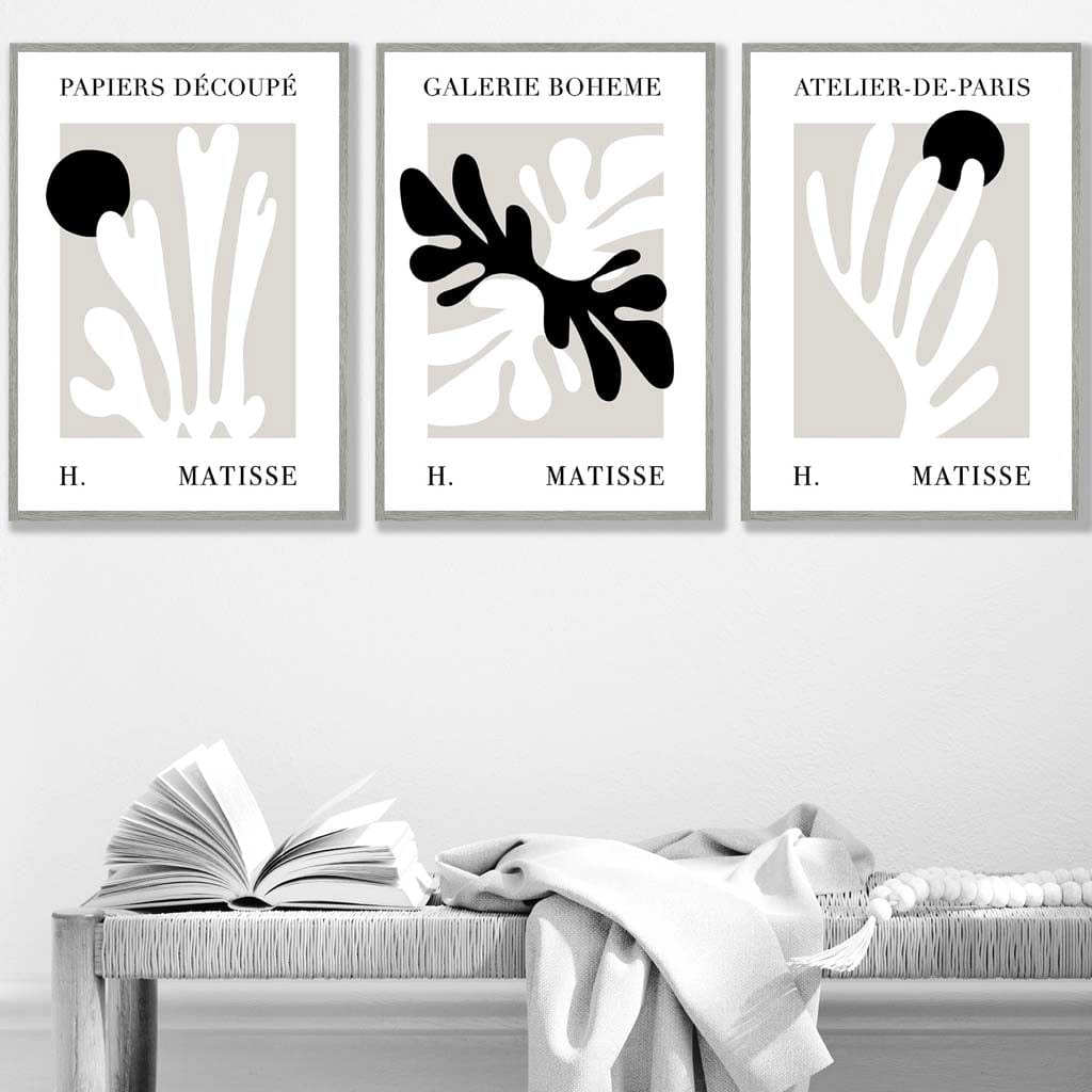 Matisse Floral Cut Out Style Set of 3 Wall Art Prints in Black & Beige