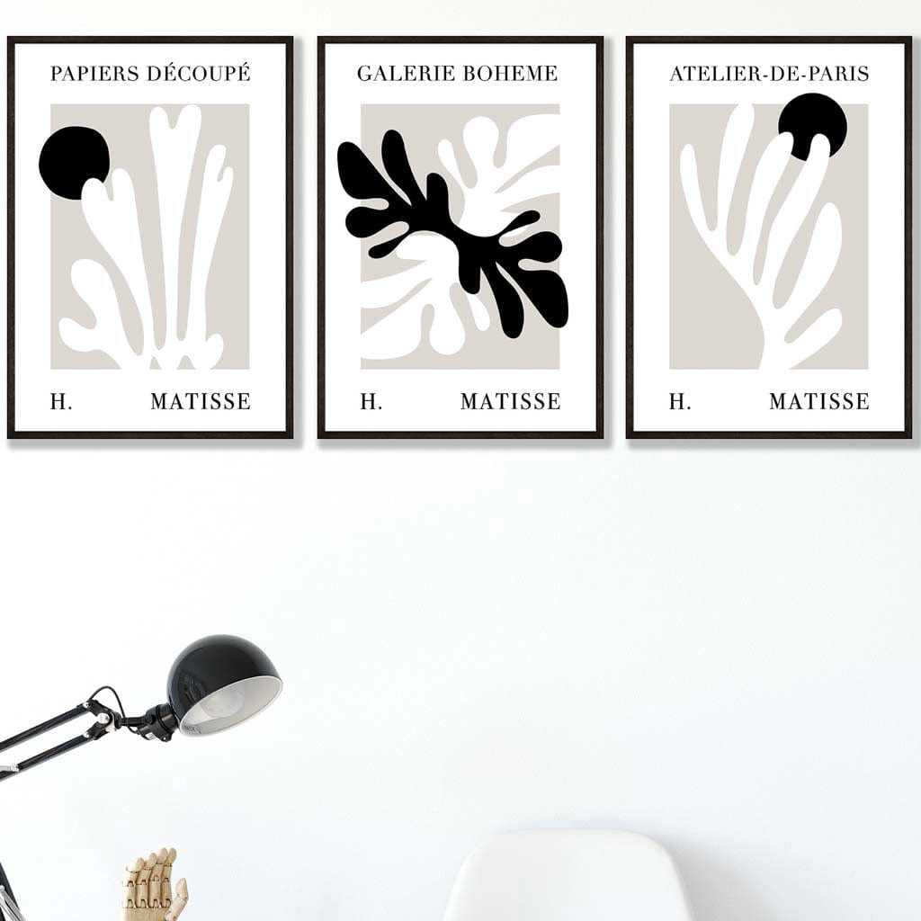 Matisse Floral Cut Out Style Set of 3 Wall Art Prints in Black & Beige