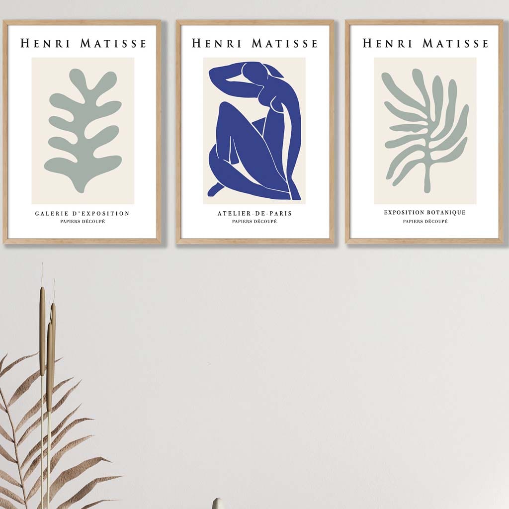 Set of 3 Wall Art Prints Matisse Botanical Shapes with Nude in Green & Blue