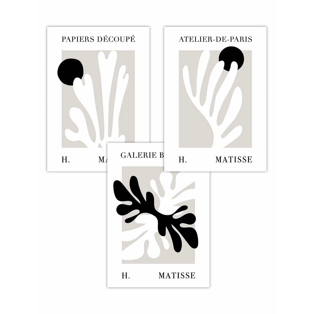 Matisse Floral Cut Out Style Set of 3 Wall Art Prints in Black & Beige
