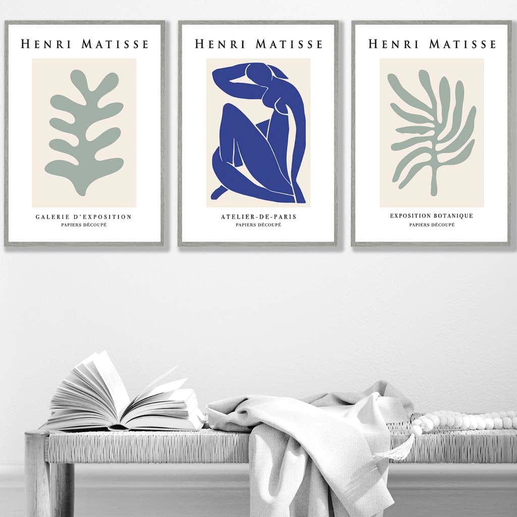 Set of 3 Wall Art Prints Matisse Botanical Shapes with Nude in Green & Blue