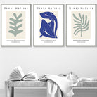 Set of 3 Wall Art Prints Matisse Botanical Shapes with Nude in Green & Blue