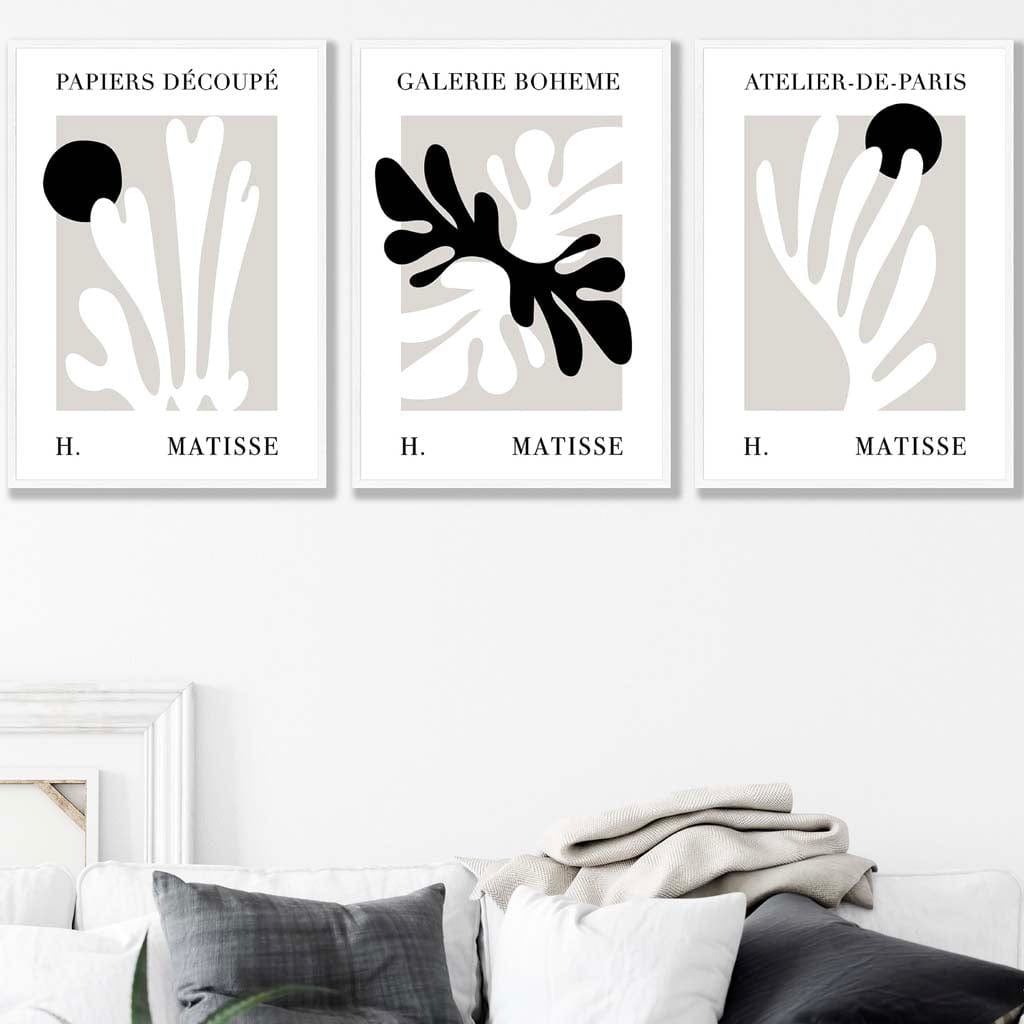 Matisse Floral Cut Out Style Set of 3 Wall Art Prints in Black & Beige