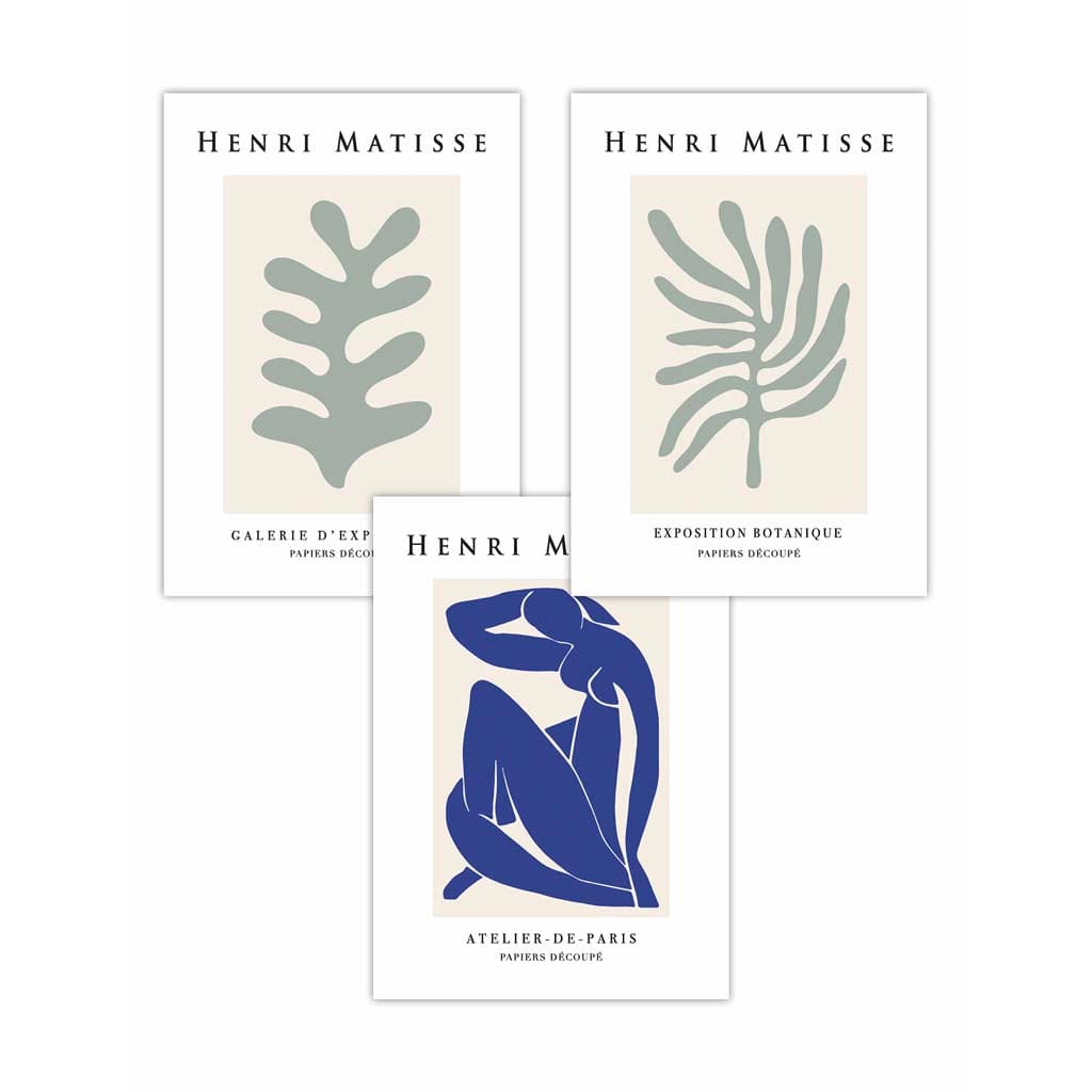 Set of 3 Wall Art Prints Matisse Botanical Shapes with Nude in Green & Blue