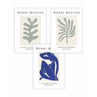 Set of 3 Wall Art Prints Matisse Botanical Shapes with Nude in Green & Blue