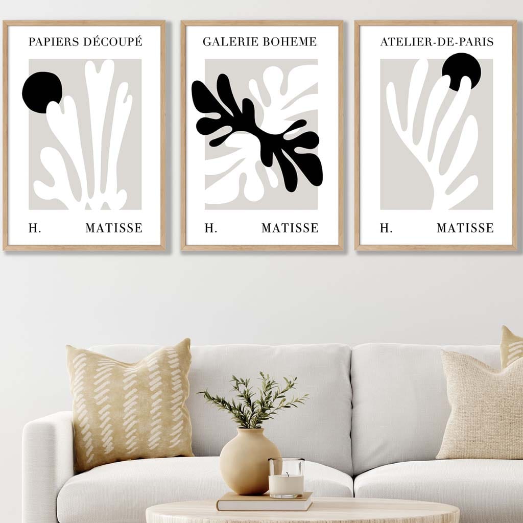 Matisse Floral Cut Out Style Set of 3 Wall Art Prints in Black & Beige