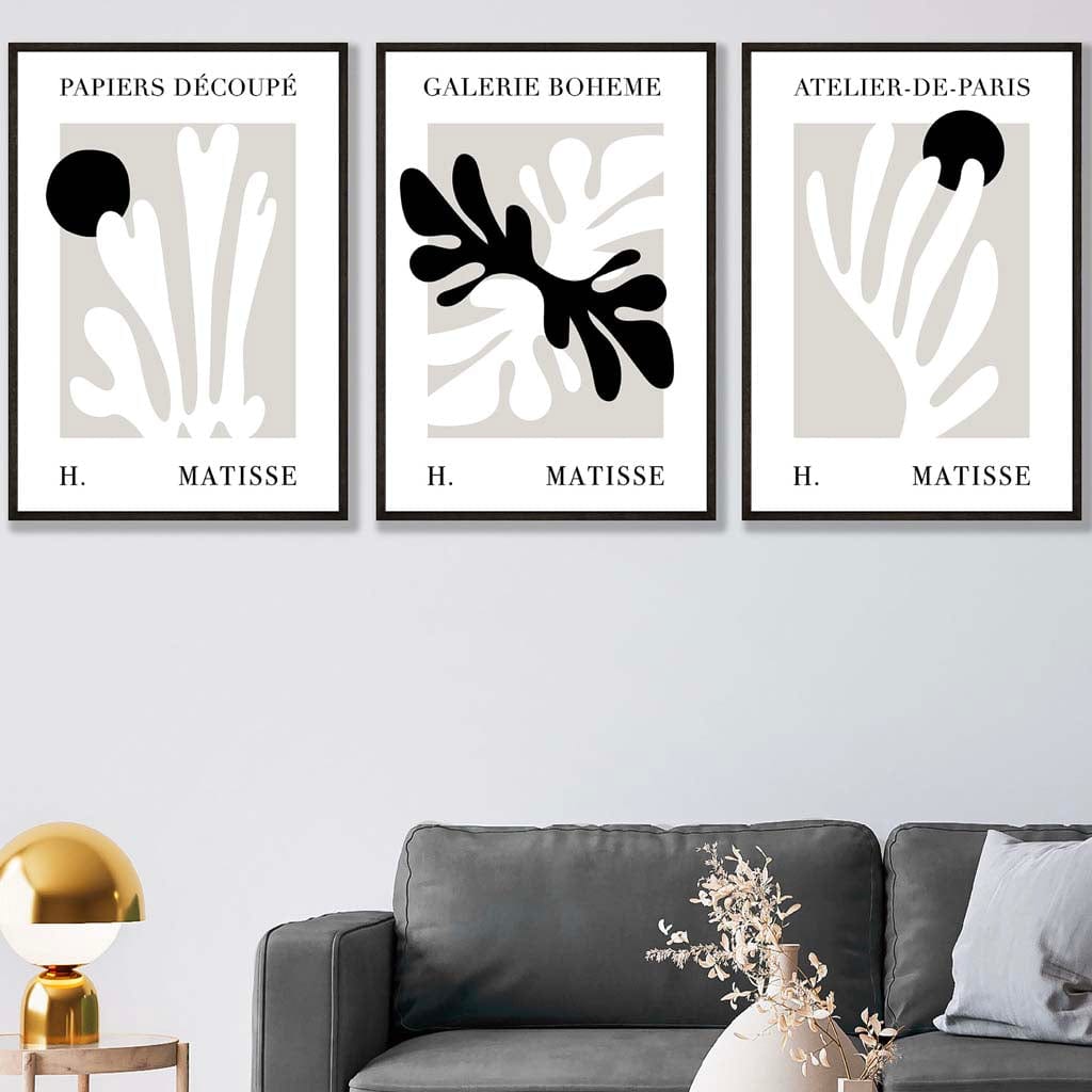Matisse Floral Cut Out Style Set of 3 Wall Art Prints in Black & Beige