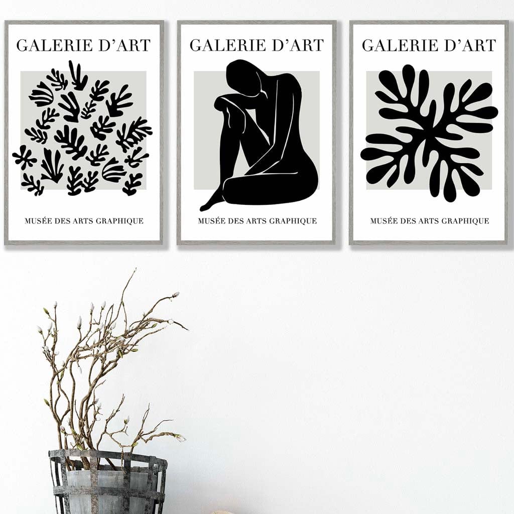Matisse Floral and Nude Set of 3 Black and Grey Wall Art Prints