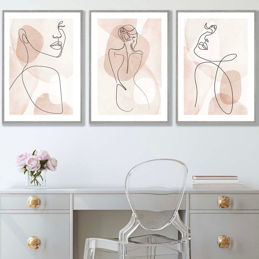 Coral Pink Abstract Line Art Female Set of 3 Wall Art Prints
