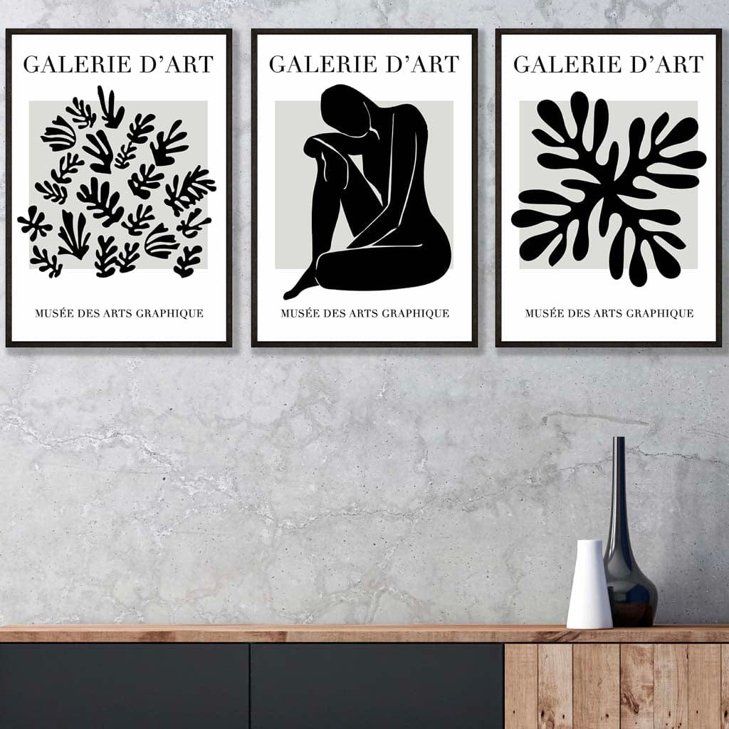 Matisse Floral and Nude Set of 3 Black and Grey Wall Art Prints