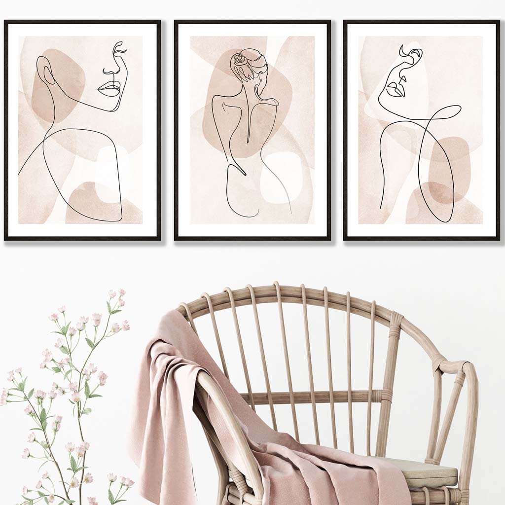 Coral Pink Abstract Line Art Female Set of 3 Wall Art Prints