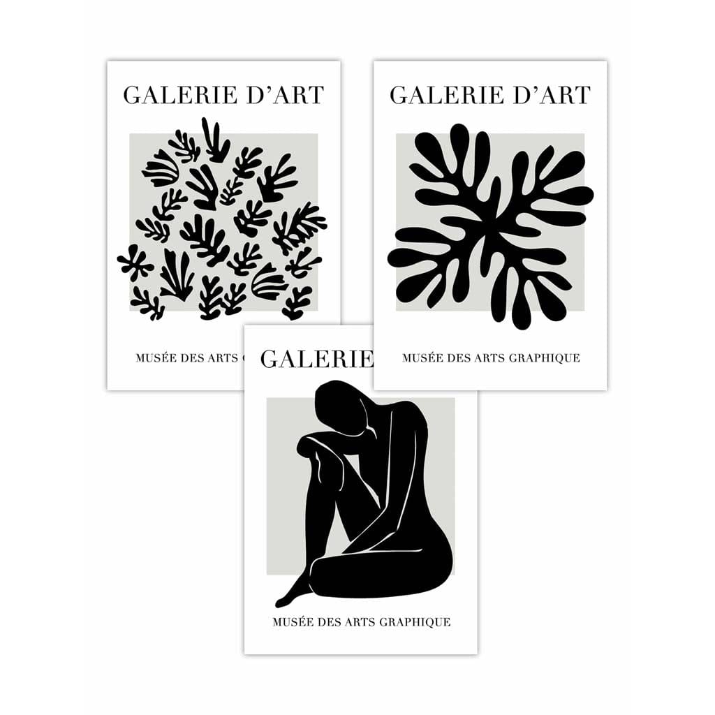Matisse Floral and Nude Set of 3 Black and Grey Wall Art Prints