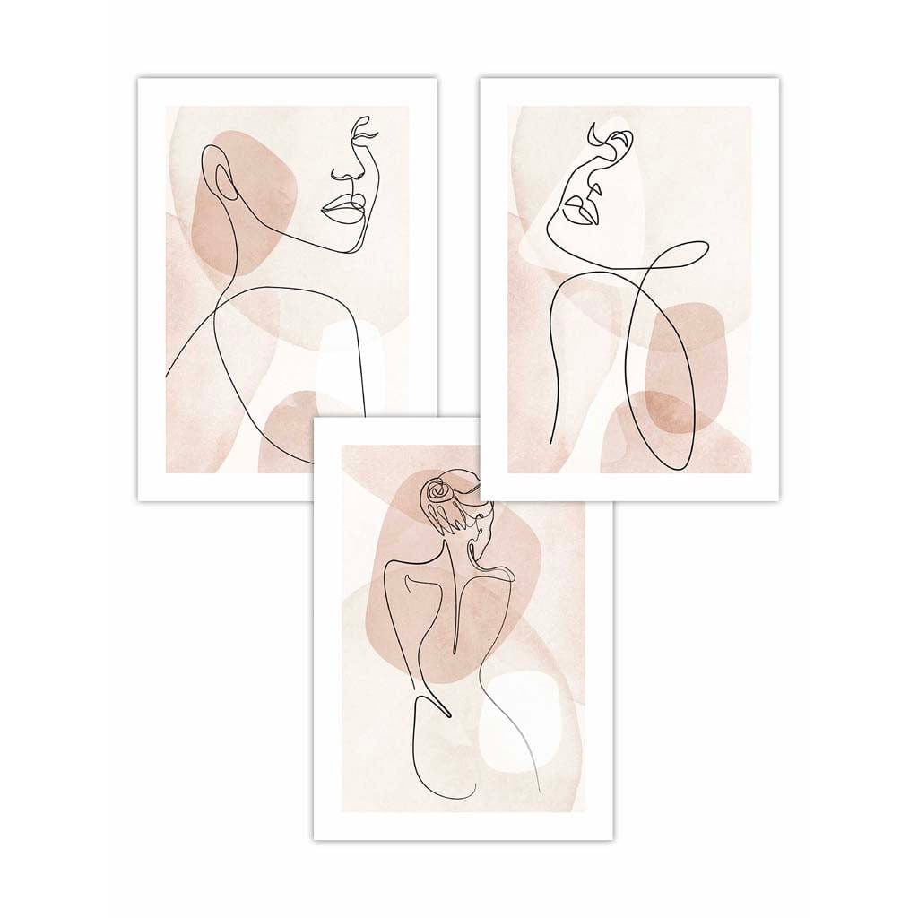 Coral Pink Abstract Line Art Female Set of 3 Wall Art Prints