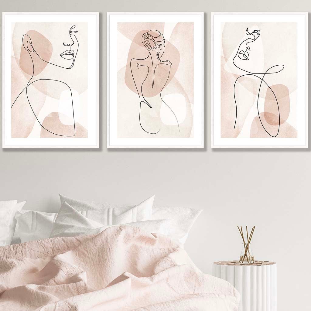 Coral Pink Abstract Line Art Female Set of 3 Wall Art Prints