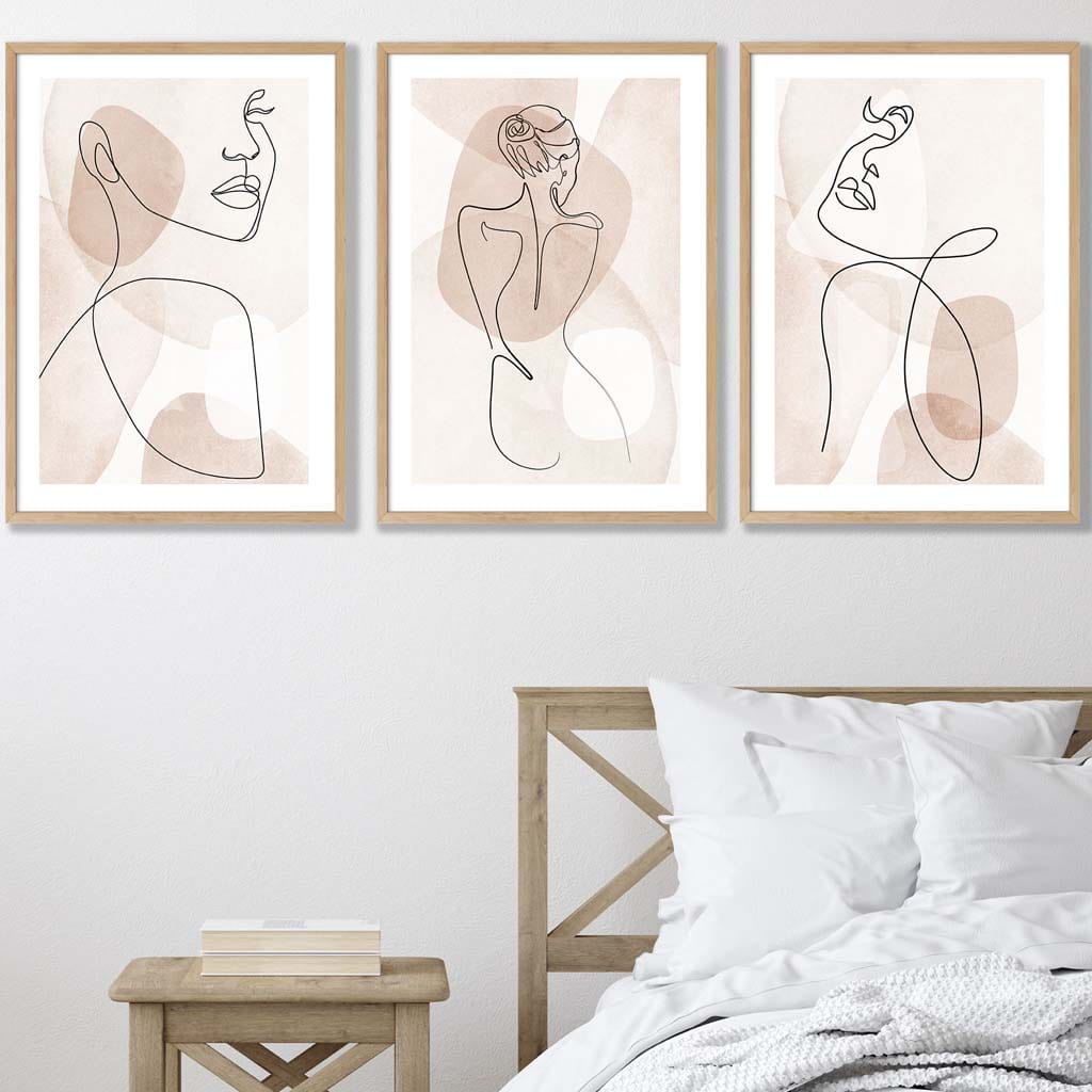 Coral Pink Abstract Line Art Female Set of 3 Wall Art Prints