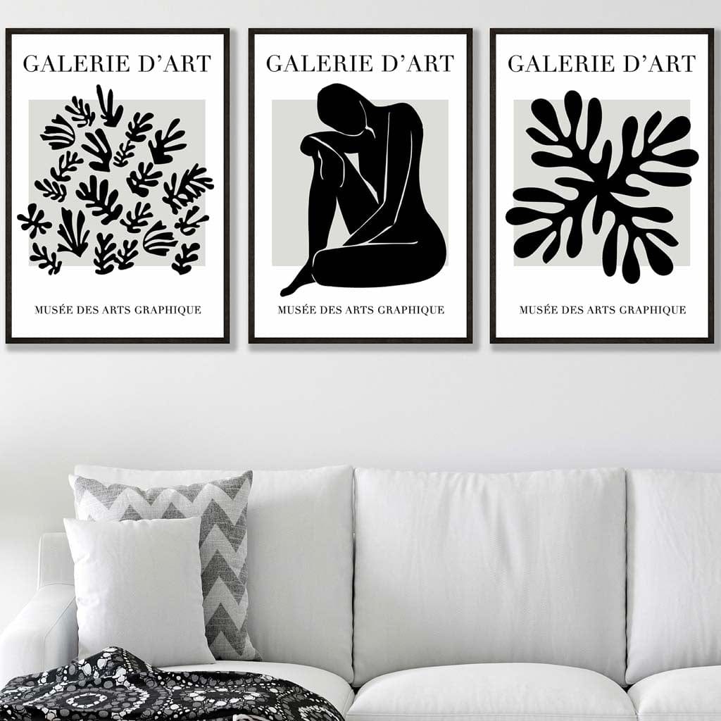 Matisse Floral and Nude Set of 3 Black and Grey Wall Art Prints / Framed | Artze Wall Art UK