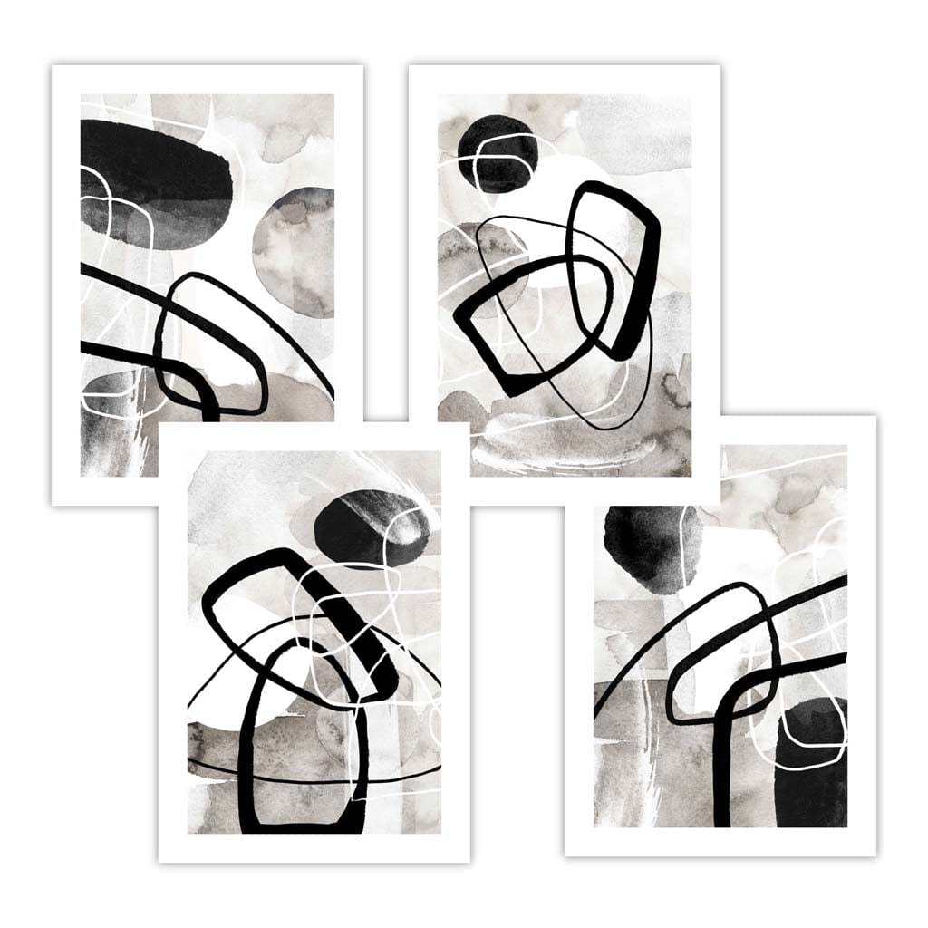 A Set of 4 Black and White Abstract Wall Art Prints featuring watercolour shapes