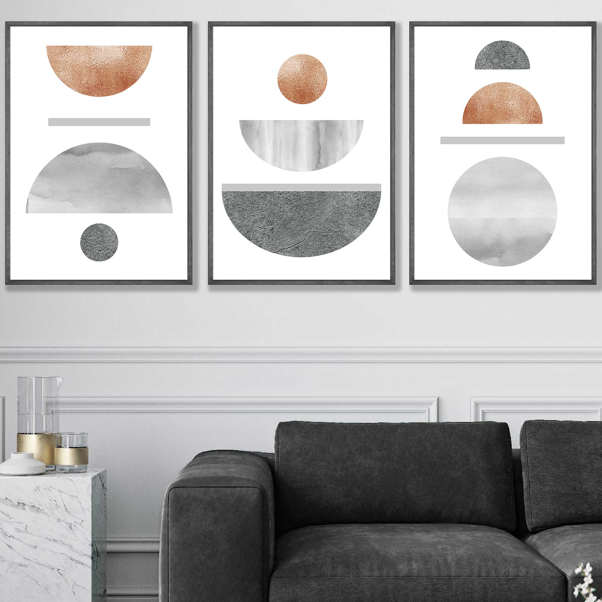 Grey's and Copper Textured Geometric Art Prints