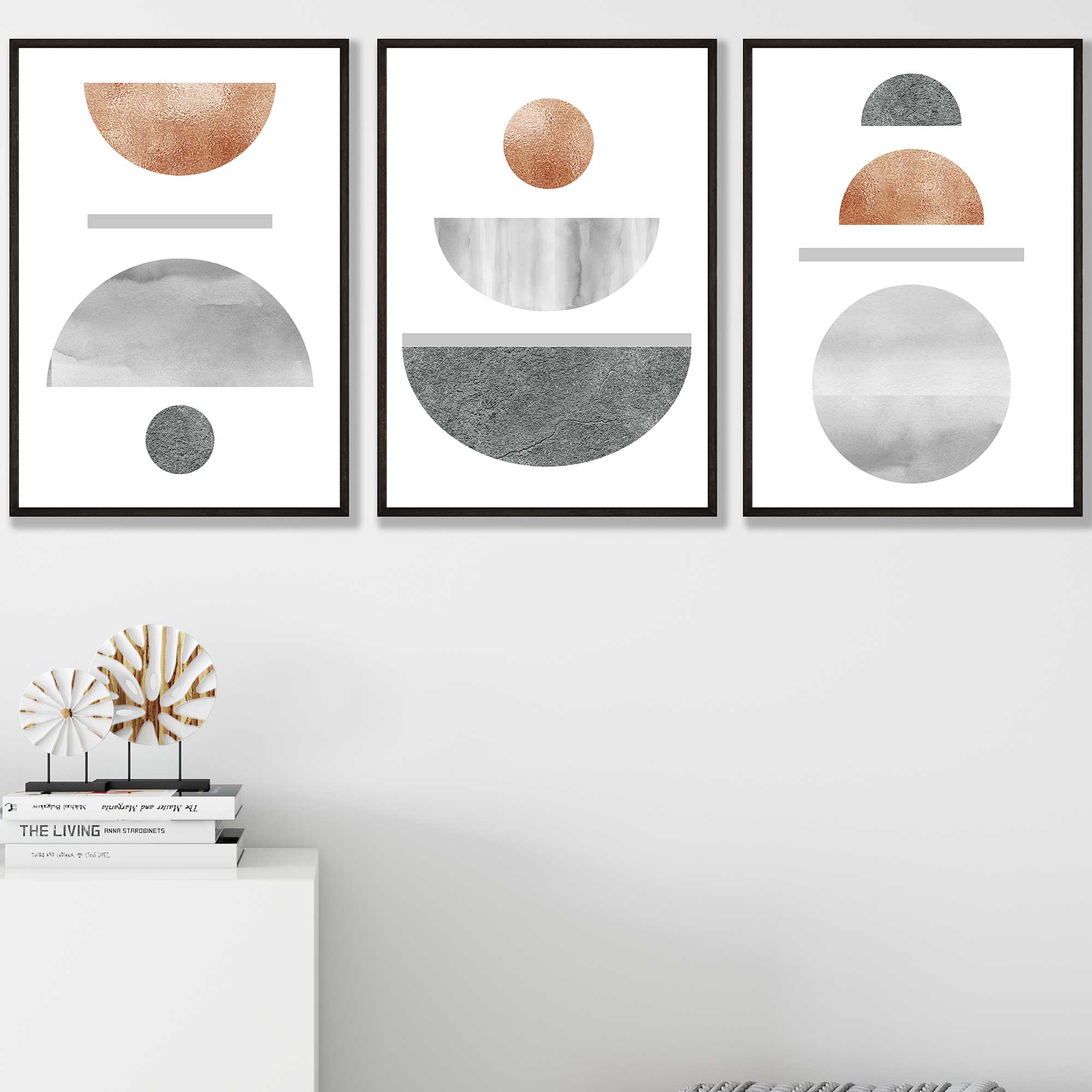 Grey's and Copper Textured Geometric Art Prints