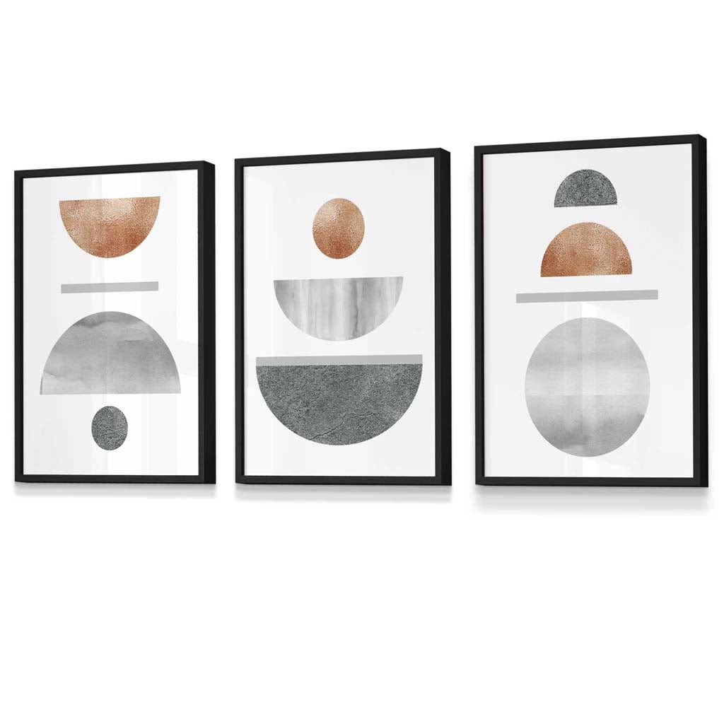 Copper and Grey Abstract Mid Century Geometric Set of 3 Framed Wall Art | Artze Wall Art UK