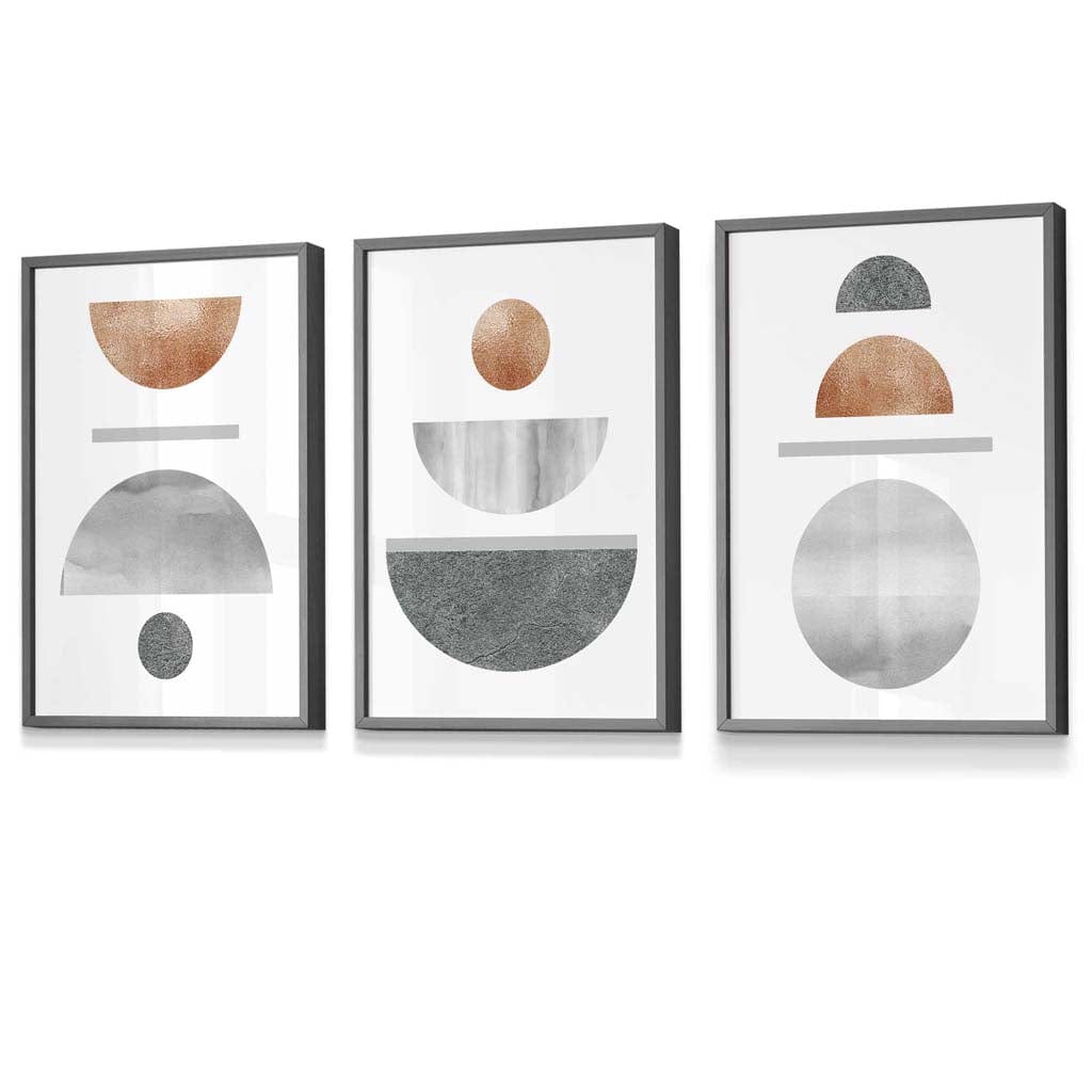Copper and Grey Abstract Mid Century Geometric Set of 3 Framed Wall Art | Artze Wall Art UK