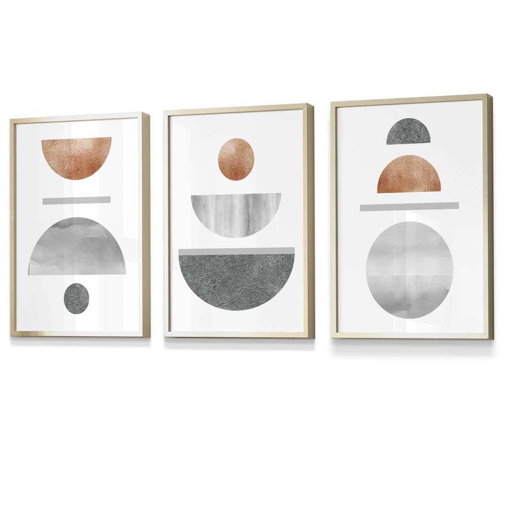 Copper and Grey Abstract Mid Century Geometric Set of 3 Framed Wall Art | Artze Wall Art UK