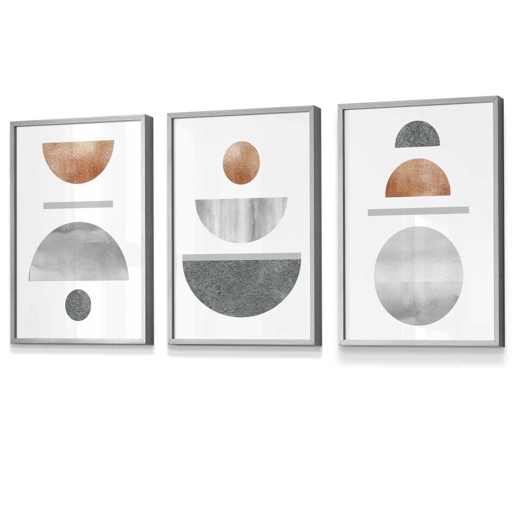 Copper and Grey Abstract Mid Century Geometric Set of 3 Framed Wall Art | Artze Wall Art UK