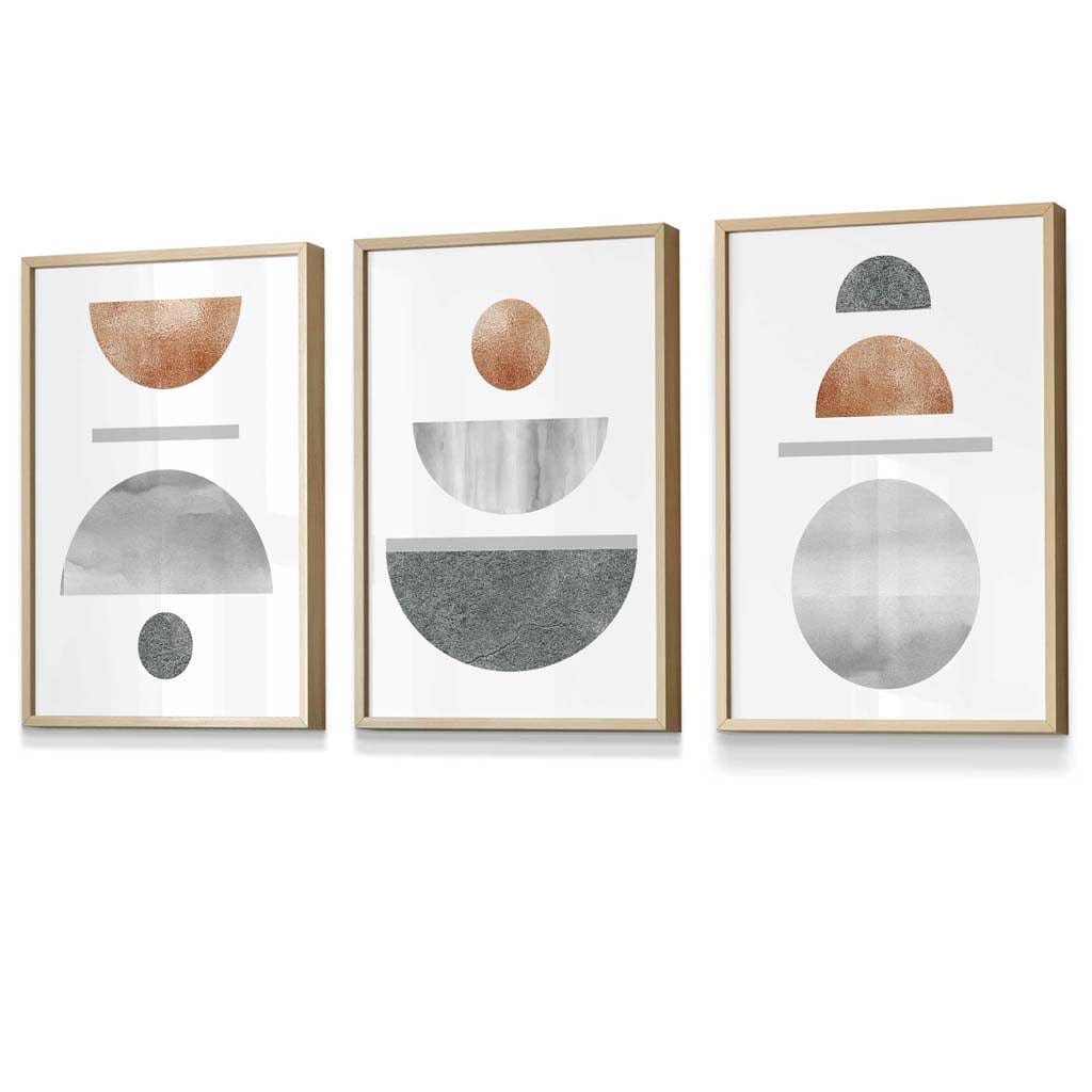 Copper and Grey Abstract Mid Century Geometric Set of 3 Framed Wall Art | Artze Wall Art UK