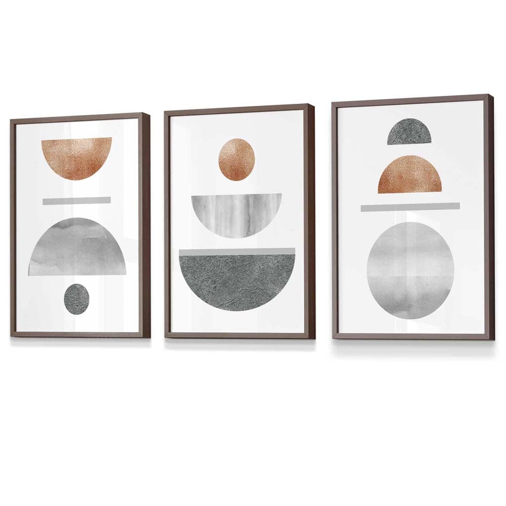 Copper and Grey Abstract Mid Century Geometric Set of 3 Framed Wall Art | Artze Wall Art UK