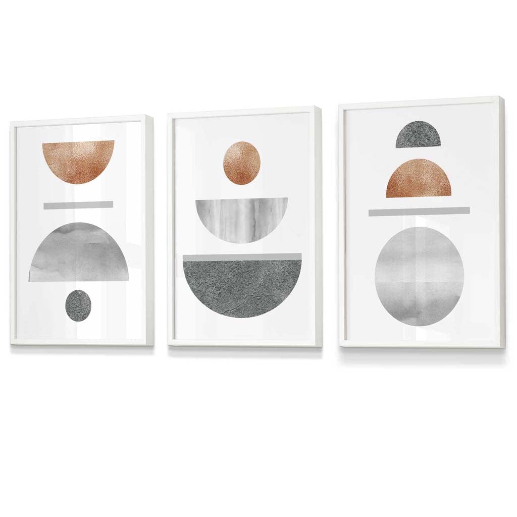 Copper and Grey Abstract Mid Century Geometric Set of 3 Framed Wall Art | Artze Wall Art UK