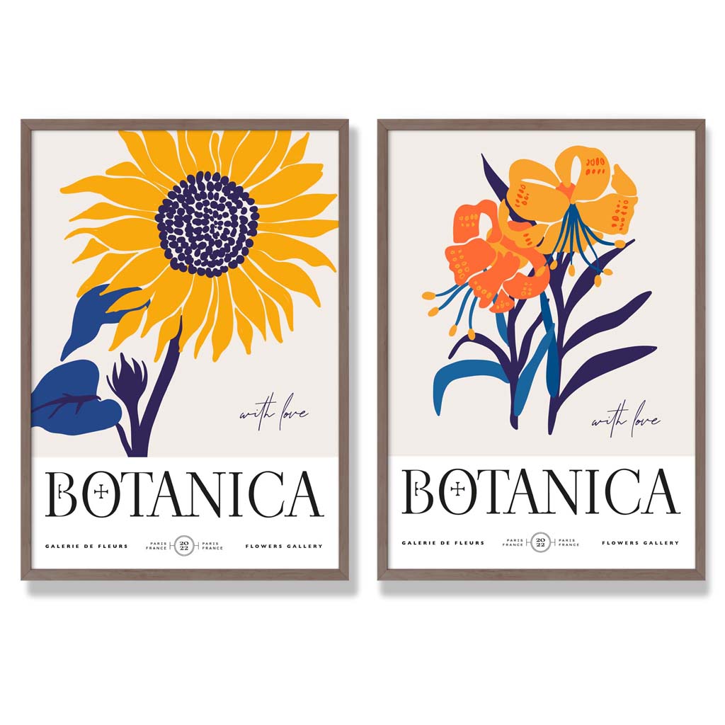 Blue and Yellow Summer Flower Market Set of 2 Art Prints with Walnut Frame